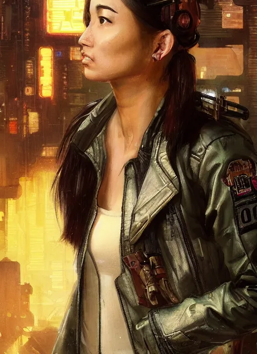 Image similar to Nikki tanaka. beautiful cyberpunk female USN marine wearing a military vest and combat gear. (Cyberpunk 2077, bladerunner 2049, rb6s). gorgeous face. Iranian orientalist portrait by john william waterhouse and Edwin Longsden Long and Theodore Ralli and Nasreddine Dinet, oil on canvas. Cinematic, hyper realism, realistic proportions, dramatic lighting, high detail 4k