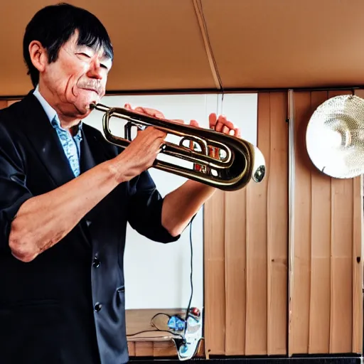 Image similar to middle aged japanese man playing the trumpet in a ska band