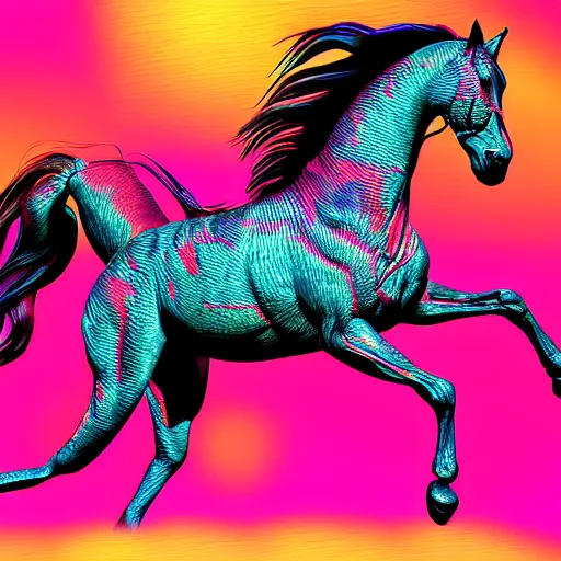 Prompt: digital horse, retrowave palette, highly detailed, anatomically correct equine, synth feel, digital art