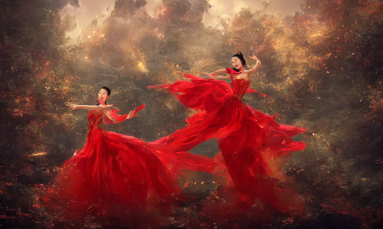 Image similar to chinese princess, dance, fairy, beautiful, stunning, red and gold dress, spinning in the sky, unreal engine, concept art, photo realism, film, james jean, akira, satochi con, character design, void arcanist, mist, photorealistic, octane render, unreal engine, hyper detailed, volumetric lighting, 8 k