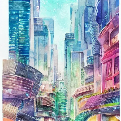 Image similar to Beautiful happy futuristic city in harmony with nature. Nice colour scheme, soft warm colour. Beautiful detailed watercolor by Lurid. (2022)