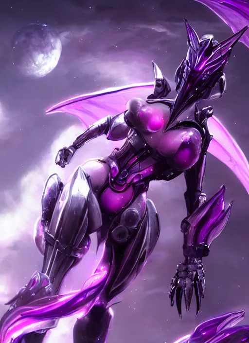 Image similar to cinematic close shot, galactic sized goddess, proportional stunning beautiful hot female warframe, sleek mecha female dragon head, metal ears, led purple eyes, smooth fuschia skin, sleek silver armor, floating in space, holding a galaxy, epic proportions, epic size, epic scale, furry art, dragon art, giantess art, warframe fanart, furaffinity, octane