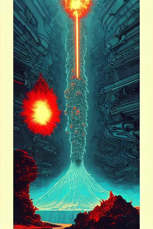 Image similar to artwork by kilian eng and toshi yoshida and franklin booth showing a futuristic powerstation!! in front of a ( ( exploding volcano ) ), vintage scifi, high details, dramatic lightning,, 8 k