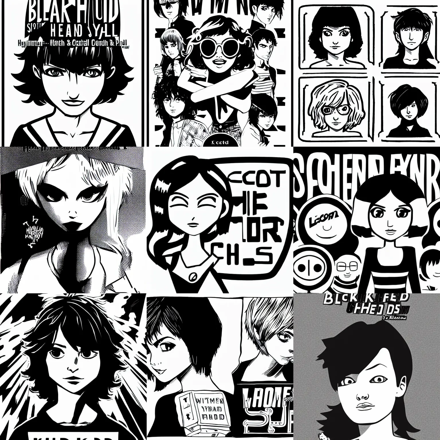 Prompt: black and white logo of woman head and shoulders and hair in style of scott pilgrim, central composition, elegant, simple, by bryan lee o'malley