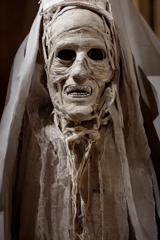 Prompt: mummified pope in his throne at the vatican, desiccated, close - up portrait, pontiff hat, mitre pretiosa, hyper realistic, sharp focus, highly detailed