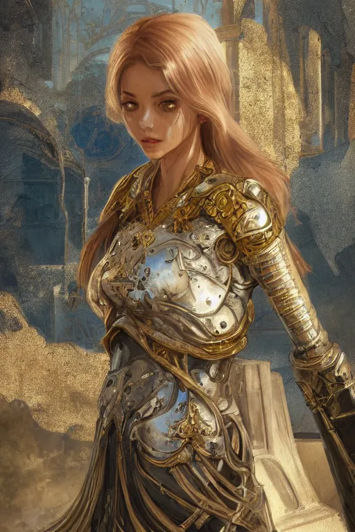 Image similar to portrait knights of Zodiac girl, metallic Silver and ice color reflected armor, in ruined Agora of Athens, ssci-fi, fantasy, intricate, very very beautiful, elegant, golden light, highly detailed, digital painting, artstation, concept art, smooth, sharp focus, illustration, art by WLOP and tian zi and alphonse mucha