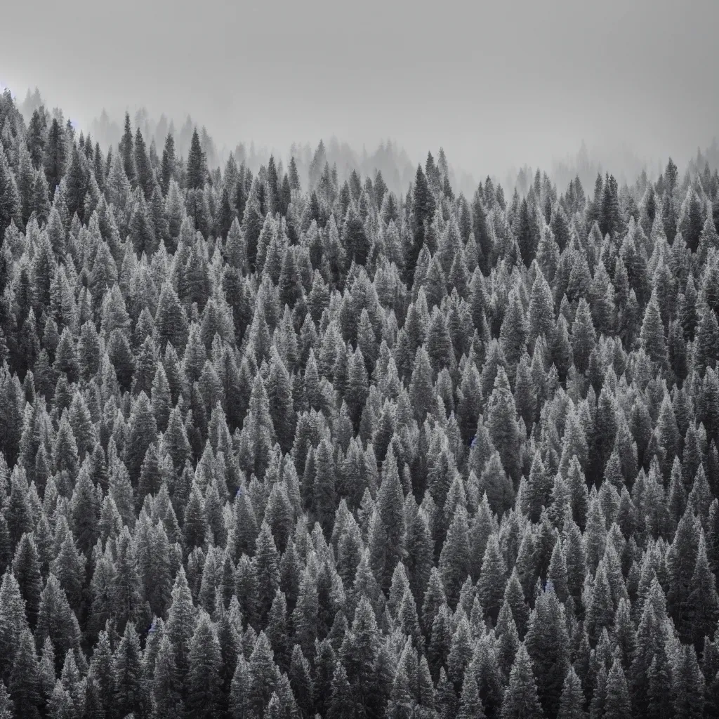 Prompt: monochrome photo of ambient and misty mountains with a lot of trees, 4 k