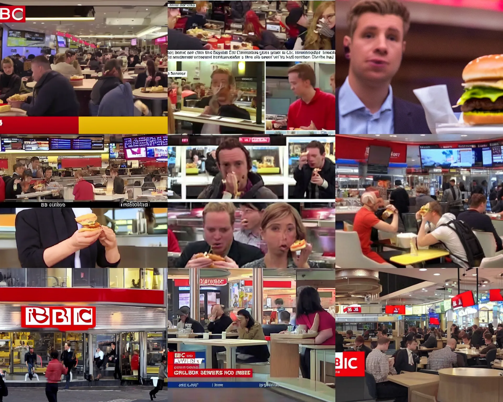 Prompt: bbc news, captions, a suspects eating hamburger in the macdonald.