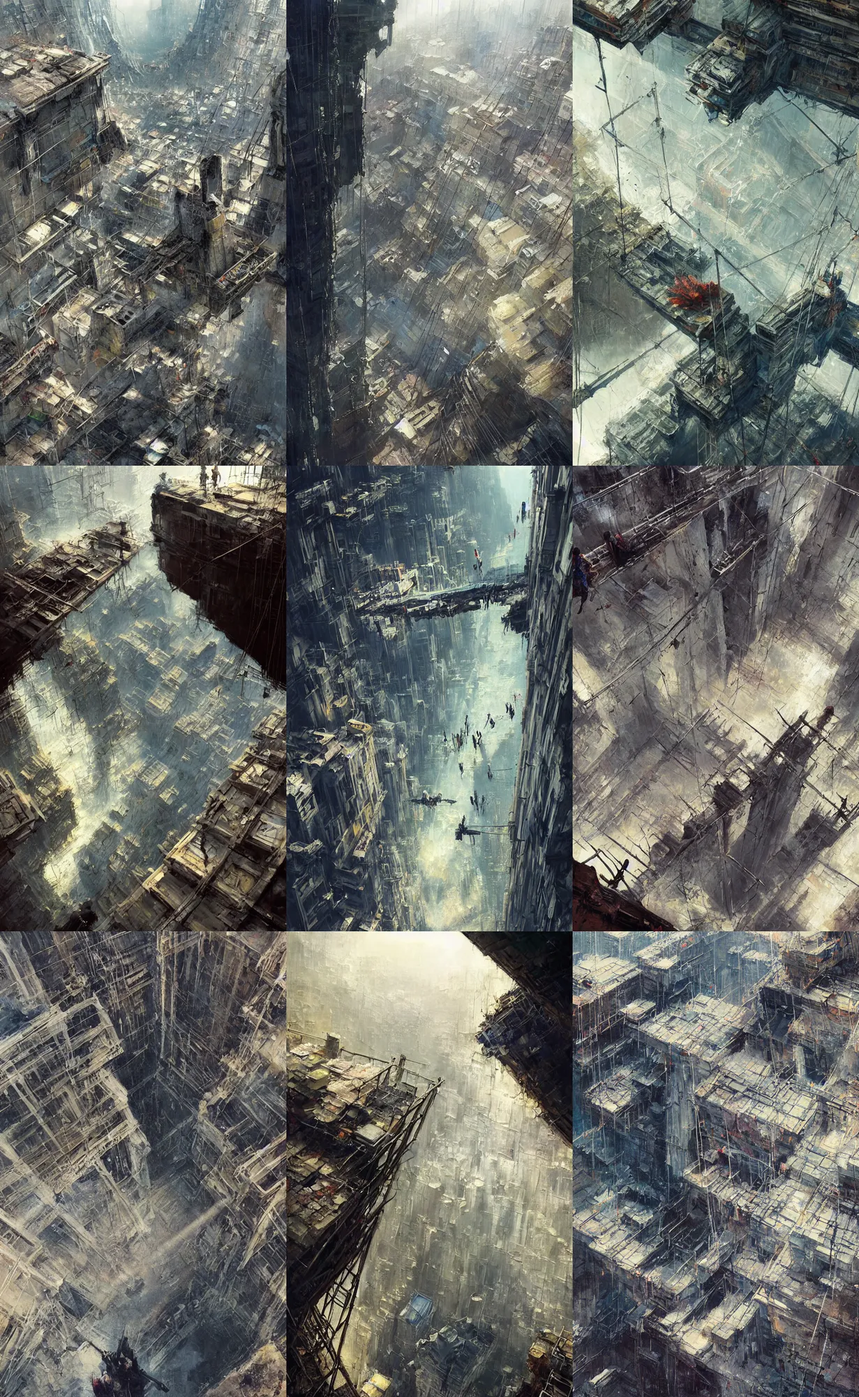Prompt: detailed painting, vast scene, looking down from above, vertigo, bottomless void, tall cylindrical towers!! crumbling stone, scaffolding, rubble, makeshift houses, cloth banners, suspended bridge!, hanging bridge!!, huge distance, by craig mullins, by ruan jia!, ( ( dr sues ) ), cold, dramatic lighting