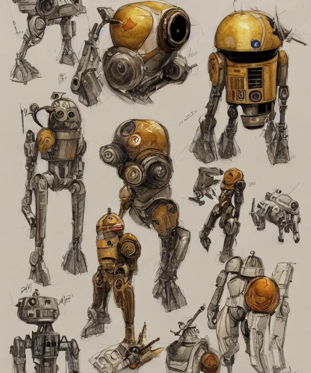 Prompt: the golden age of American illustration archive gesture drawings color pen and ink and pencil sketch vehicle concept design game asset of sketches watercolor of a star wars droid robot concepts by Stanley Artgerm Lau, WLOP, Rossdraws, James Jean, Andrei Riabovitchev, Marc Simonetti, and Sakimichan, tranding on artstation , assets, character design, tending on pinterest, trending on cgtalk, trending on concept art, trending on vehicle design