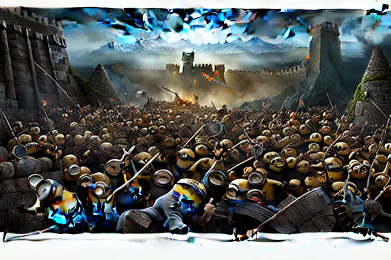 Image similar to diorama of minions fighting orcs in the battle of helm's deep, giant castle walls, realistic, 4 k, detailed, atmospheric, cinematic lighting