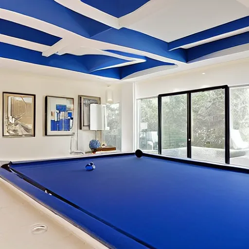 Prompt: dream poolrooms backroom with walls and ceilings of white ceramic tiles, light coming in with blue skies