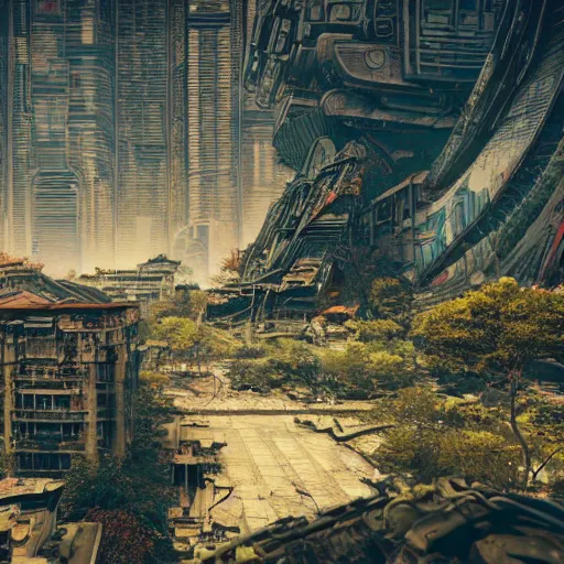 Prompt: Maximalism illustration of cyberpunk ruins Tokyoin sky reclaimed by nature, by Otomo Katsuhiroand Annibale Siconolfi, cgsociety, 8K, unrealengine.