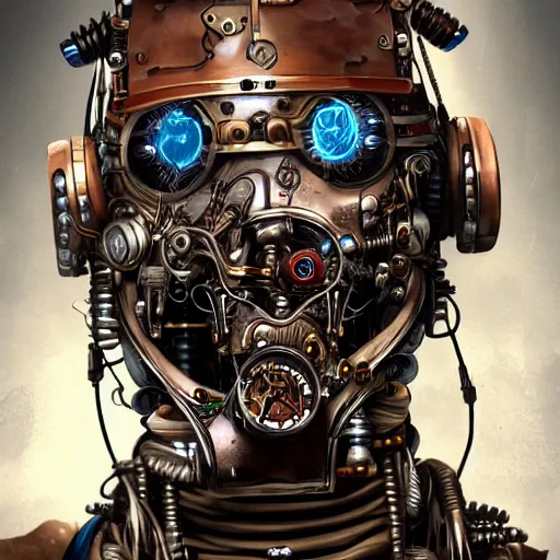 Prompt: portrait painting of a steampunk cyborg robot, ultra realistic, concept art, intricate details, eerie highly detailed