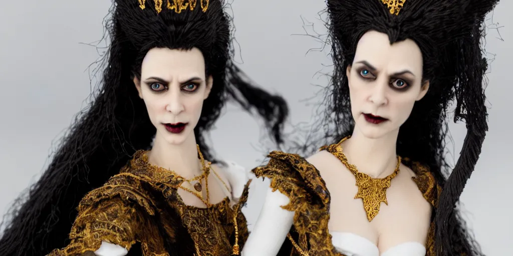 Image similar to photo taken of an epic intricate, ultra detailed, super realistic stop motion puppet of a majestic gracious regal aristocratic brunette female vampire and gothic filmset created by weta workshop, menacing, wide angle, full body shots, photorealistic, sharp focus, white wall, extremely cold blueish colour temperature, 3 5 mm, f 1. 4, golden ratio