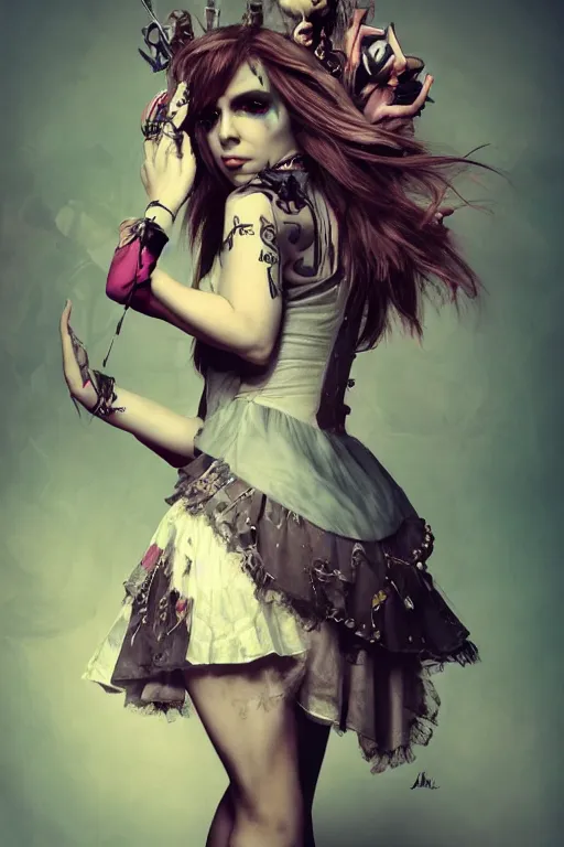 Image similar to Beautiful female, full body, Alice in wonderland, punk rock, piercings, tattoos, skirt, midriff, dramatic lighting, cinematic, establishing shot, extremely high detail, foto realistic, cinematic lighting, post processed, concept art, high details, cinematic, 8k resolution, beautiful detailed, photorealistic, digital painting, artstation, concept art, smooth, sharp focus, artstation trending, octane render, unreal engine