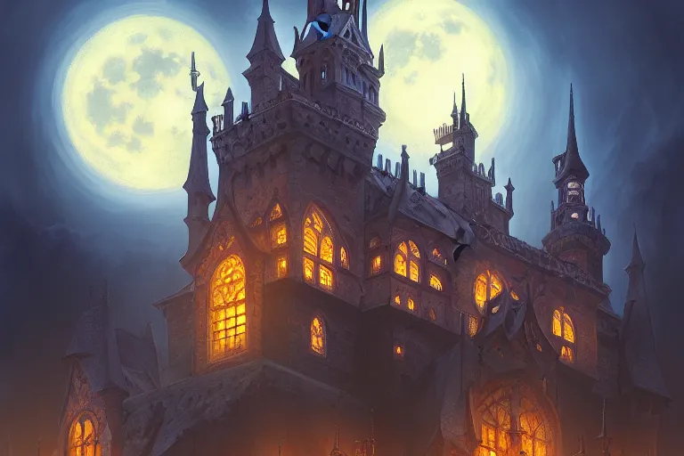 Image similar to foggy intricate gothic castle under the full moon, epic, intricate oil painting, high detail illustration, sharp high detail, manga and anime, official fanart behance hd artstation by jesper ejsing and makoto shinkai, 4 k,