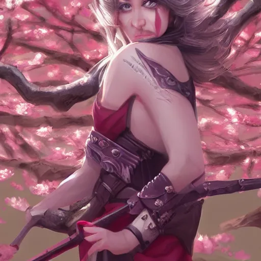 Image similar to - H 768 a zigmerian warrior in a cherry blossom field, Artgerm, artstation, digital art, sharp focus, high fantasy, illustration, D&D, pale colors