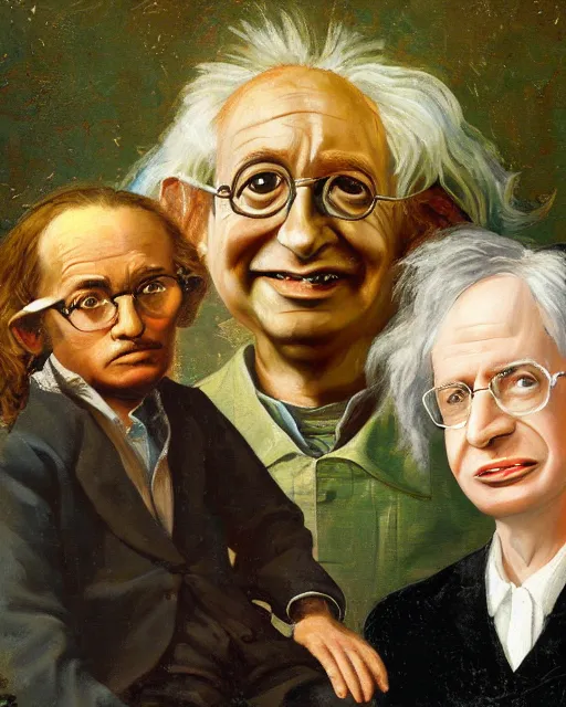 Image similar to painterly family portrait, isaac newton and stephen hawking and albert einstein, impasto, fantasy, chuck close:7, carl spitzweg:7, cinematic light, full face, symmetrical face