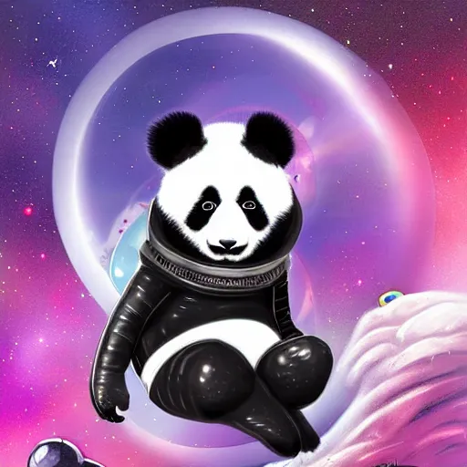 Prompt: A panda in space, with a space suit on, dark fantasy style, digital art