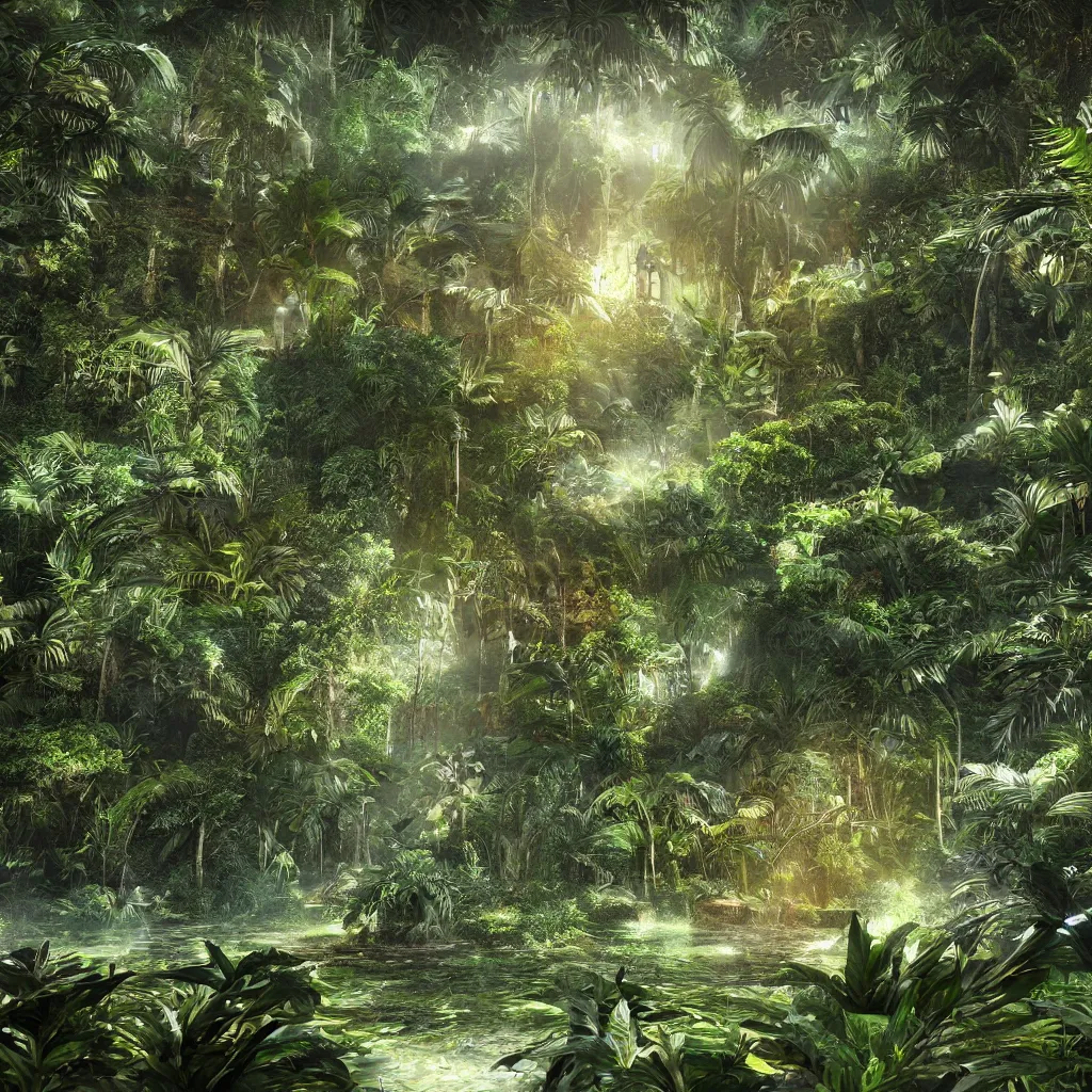 Image similar to Epic artwork of a luxurious jungle with a quantum computer in the middle of it, backlit photorealistic render, cycles render