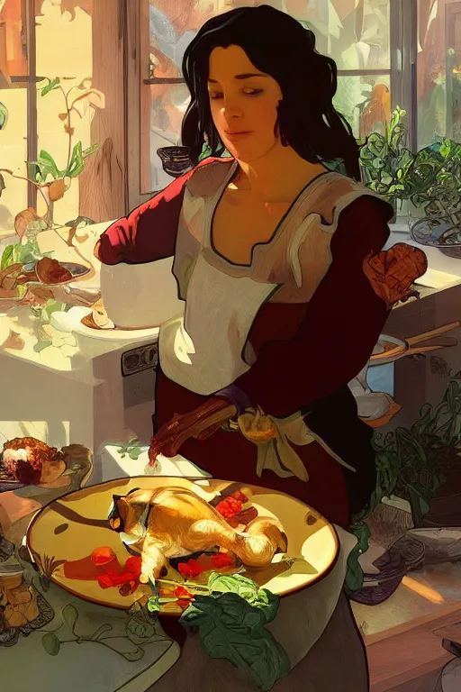 Image similar to a woman cooking dinner with her pet chicken, digital painting, artstation, concept art, smooth, sharp focus, illustration, art by virmeer and alphonse mucha