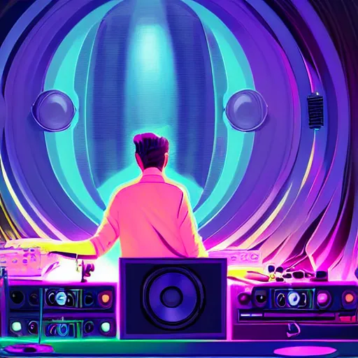 Image similar to a dj creating disco music in an underground lab, surrounded by large retro speakers, digital painting, artstation, ristan eaton, victo ngai, artgerm, rhads, ross draws, anime styled, hd, 4 k