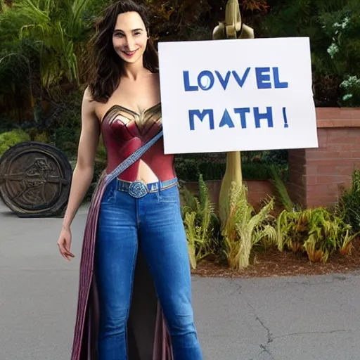 Image similar to Gal Gadot holding a sign that SHE LOVES MITCH!!!!!! as painted by Ralph Horsley