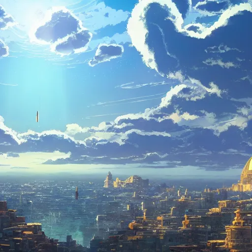 Image similar to the golden city of the gods in the clouds by killian eng and makoto shinkai and studio ghibli