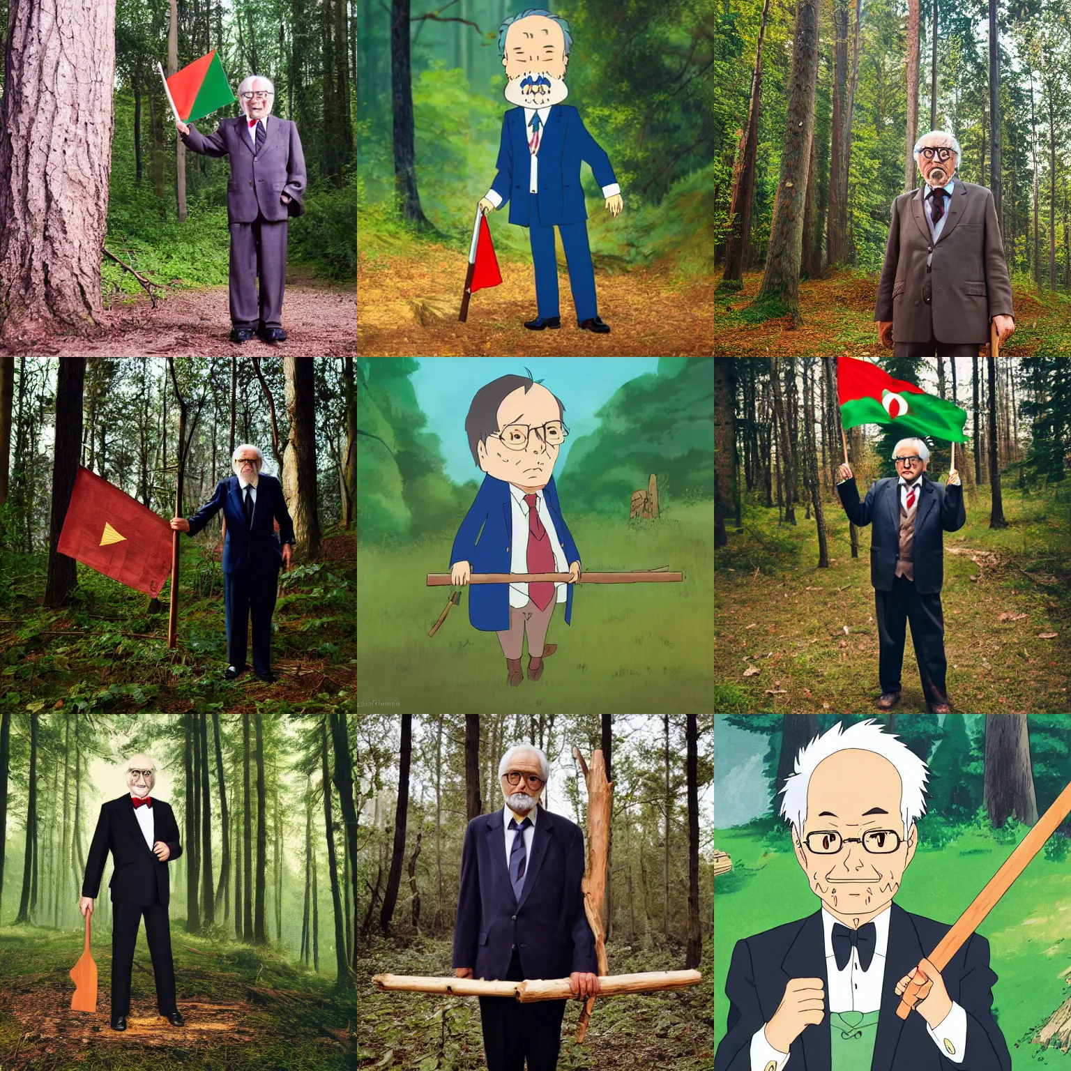 Prompt: older man in a fancy suit with a hungarian flag in a forest, holding a wood piece, in the style of hayao miyazaki, studio ghibli