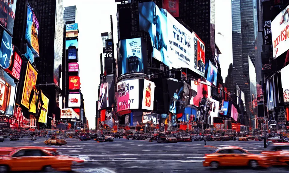 Prompt: A film still from a futur 3000 movie, new york city, times square, Realism, 4k, 8mm, Grainy, Panavision