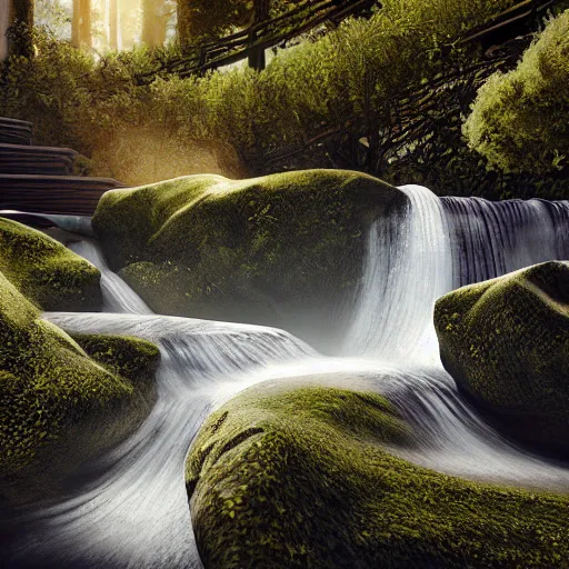 Image similar to a stairway of flowing water, hyperrealistic, 8 k, octane render, highly detailed, a real photographic, digital art, 8 k, realistic, ocatne render