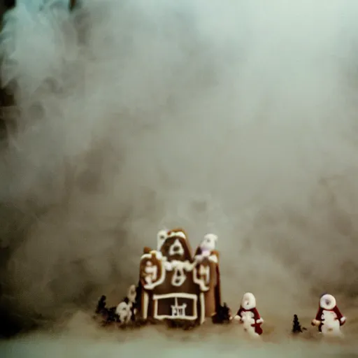 Image similar to cinematic photo of ghosts living inside of a haunted gingerbread house, spooky, fog, 3 5 mm film