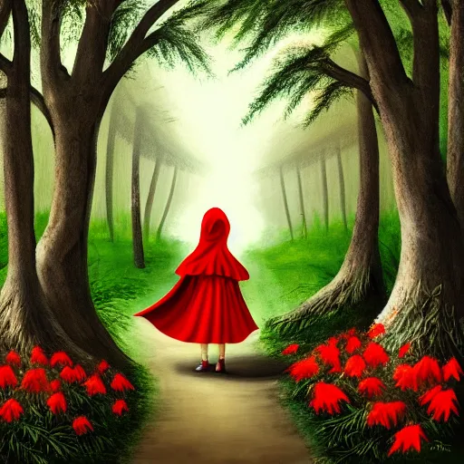 Prompt: little red riding hood walking through a dark forest, surrounded by brugmansia trees with white flowers, painting