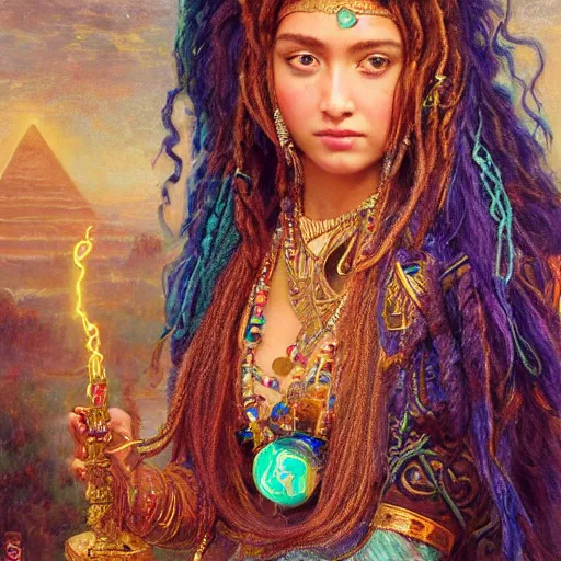 Image similar to artstation, intricate detail, hyper detail, portrait by gaston bussiere, tan skin, lady of elche, egyptian sumerian features, techno mystic goddess princess intergalactica inanna with aqua neon rapunzel dreadlocks,