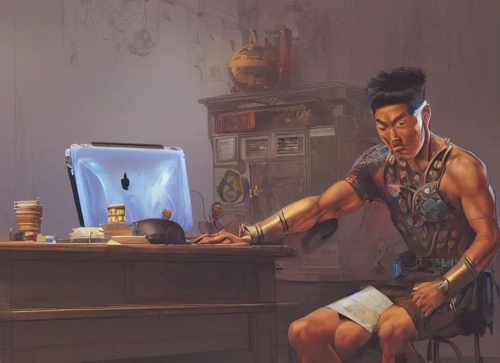 Image similar to an insanely detailed painting of an asian man wearing a homemade superhero costume, sitting at a desk, staring seriously at the computer and typing, in the style of peter mohrbacher, james jean, artgerm, dramatic lighting and composition, surreal background, octane render, pixar, trending on artstation, concept art, comic book, view from behind, 8 k