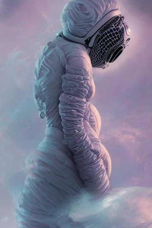 Image similar to close up shot of a full body floating woman in space suit smoke elemental fading into white smoke, high contrast, james gurney, peter mohrbacher, mike mignola, black paper, mandelbulb fractal, trending on artstation, exquisite detail perfect, large brush strokes, bold blacks and pinks and blues tones, intricate ink illustration, black background