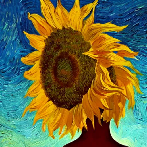 Image similar to closeup, giant sunflower head, woman standing in a room, surreal, dramatic light, impressionist painting, digital painting, artstation, van gogh