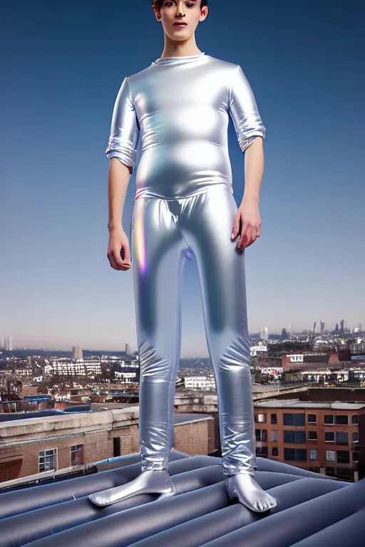 Image similar to un ultra high definition studio quality photographic art portrait of a young man standing on the rooftop of a british apartment building wearing soft baggy inflatable padded silver iridescent pearlescent clothing. three point light. extremely detailed. golden ratio, ray tracing, volumetric light, shallow depth of field. set dressed.