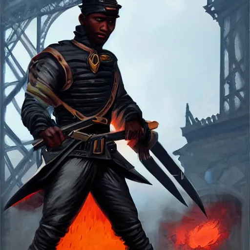 Prompt: a black male rogue fighting with guards in a fantasy paris 1700, symmetric face, hyperrealism, epic fantasy digital art, fantasy style art, by Greg Rutkowski, fantasy magic the gathering card art style