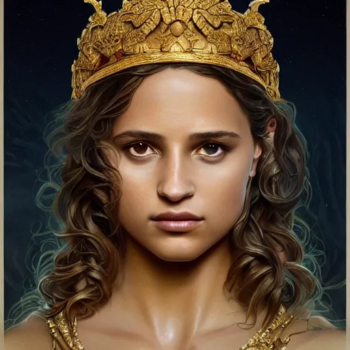 Image similar to portrait of Alicia Vikander as a greek goddess, marble statue, greek mythology, gold crown and filaments, intricate, headshot, highly detailed, digital painting, artstation, concept art, sharp focus, cinematic lighting, illustration, art by artgerm and greg rutkowski, alphonse mucha, cgsociety