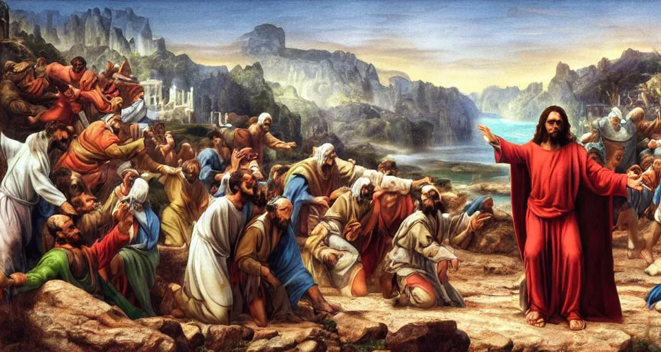 Image similar to jesus dabs in front of the apostles, matte painting, concept art, michaelangelo