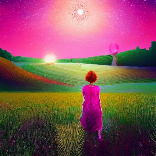 Prompt: giant pink daisy flower over head, girl walking in wheat field, hills, surreal photography, dark night, star trails, dramatic light, impressionist painting, clouds, digital painting, artstation, simon stalenhag