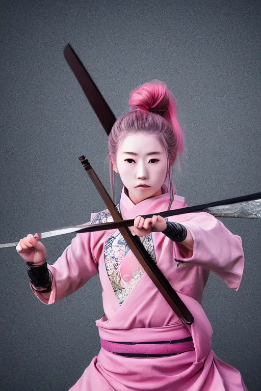 Image similar to highly detailed beautiful photo of a young female samurai, practising sword stances, symmetrical face, beautiful eyes, pink hair, realistic anime art style, 8 k, award winning photo, pastels colours, action photography, 1 / 1 2 5 shutter speed, sunrise lighting