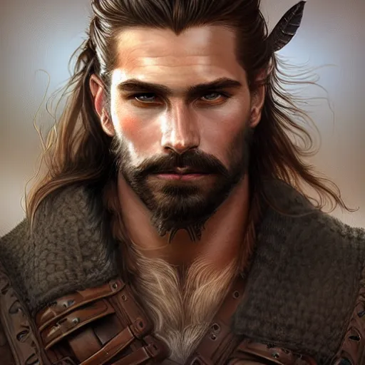 Prompt: portrait of a young, ruggedly handsome ranger, muscular, man bun, half body, leather, hairy, d & d, fantasy, intricate, elegant, highly detailed, digital painting, artstation, concept art, smooth, sharp focus, illustration, art by artgerm and greg rutkowski and alphonse mucha