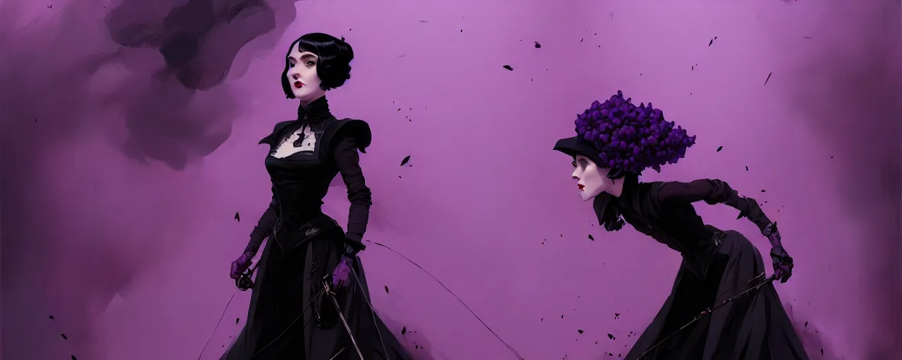 Image similar to duotone dark lilac background noir illustration 3 / 4 portrait of iris von everec black hair in black gothic victorian furneal clothes. eatheral dreamy atmosphere dynamic composition by sachin teng and sergey kolesov and ruan jia and heng z. graffiti art, scifi, fantasy, hyper detailed. octane render. concept art. trending on artstation