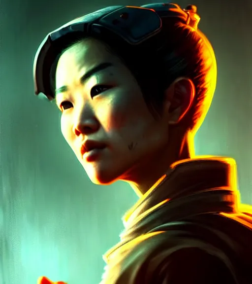 Prompt: fallout 5, charismatic beautiful rugged asian female protagonist, portrait, outdoors in a dilapidated tokyo back alley, atmospheric lighting, painted, intricate, volumetric lighting, daytime, autumn, fog, sharp focus, ultra detailed, art by william turner and ross tran