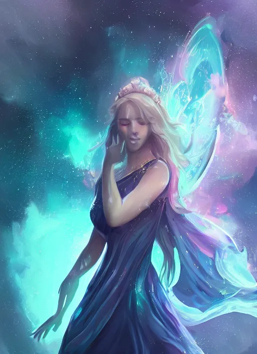 Image similar to a highly detailed illustration of elegant goddess wearing cosmic dress, elegant floating pose, beautiful detailed figure, nebula background, intricate, elegant, highly detailed, centered, digital painting, artstation, concept art, smooth, sharp focus, league of legends concept art, wlop