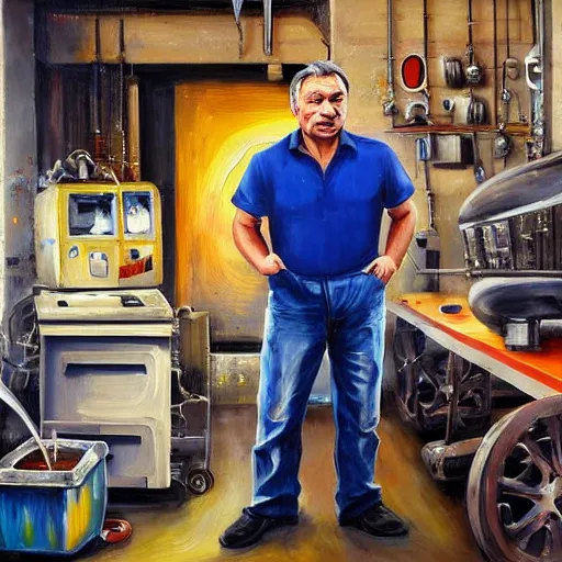 Prompt: viktor orban in a metal workshop, oil painting