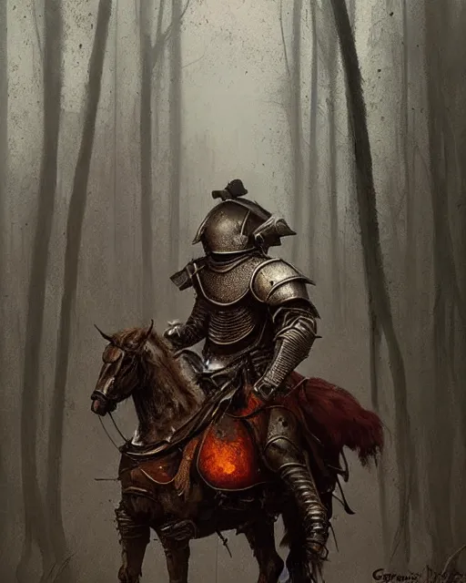 Image similar to Hyper realistic painting of a knight in full plate armor that has completely turned to rust, hyper detailed, surrounded by a dark forest, fog, moody, creepy, cinematic lighting, by greg rutkowski, trending on artstation